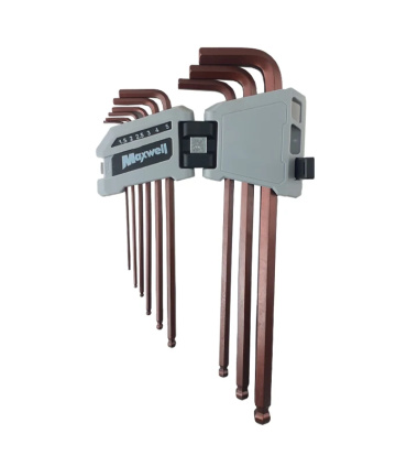 ست 9 عددی آچار آلن فوق بلند شش گوش H ته گرد کمری جنس S2 مکس ول MAXWELL مدل B1119 تایوان